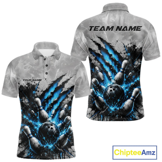 Front and back view of a men's bowling polo shirt mockup showcasing a dramatic blue bowling ball and pins graphic accented by claw-mark artwork on a gray shirt.