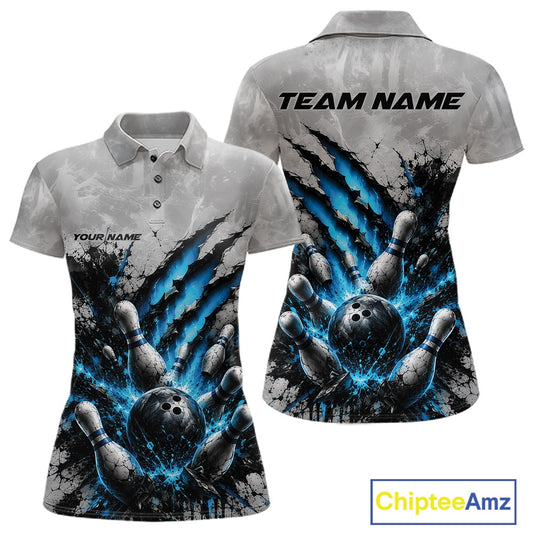 Front and back view of a women's bowling polo shirt mockup featuring a dramatic blue bowling ball and pins graphic with bold claw-mark artwork on a gray shirt.