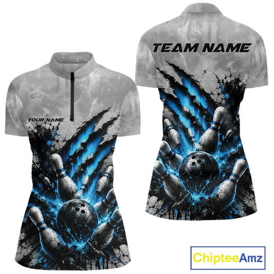 Front and back view of a women's bowling quarter zip mockup featuring a dramatic blue bowling ball and pins graphic with bold claw-mark artwork on a gray shirt.