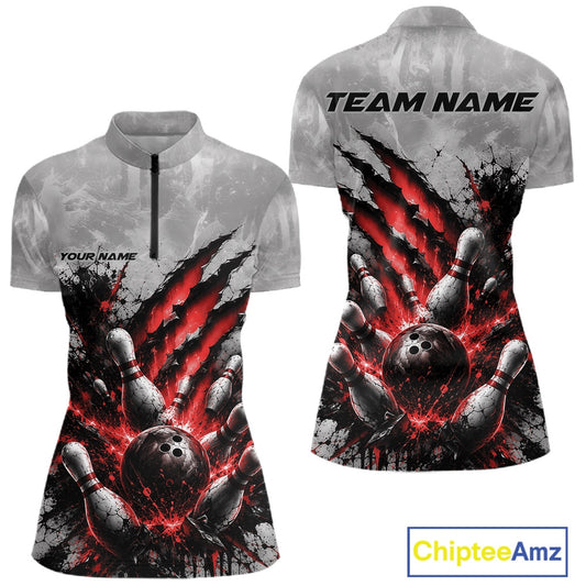 Front and back view of a women's bowling quarter zip mockup featuring a dramatic red bowling ball and pins graphic with claw-mark artwork on a gray shirt.