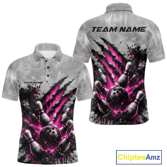 Front and back view of a men's bowling polo shirt mockup featuring a dramatic pink bowling ball and pins graphic with claw-mark artwork on a gray shirt.