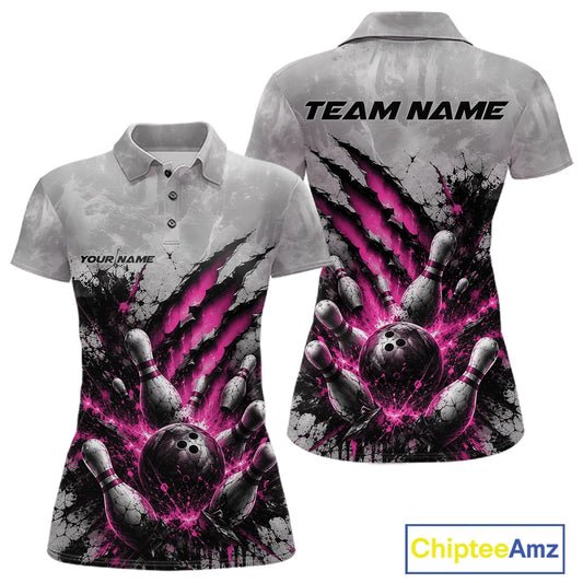 Front and back view of a women's bowling polo shirt mockup featuring a dramatic pink bowling ball and pins graphic with claw-mark artwork on a gray shirt.