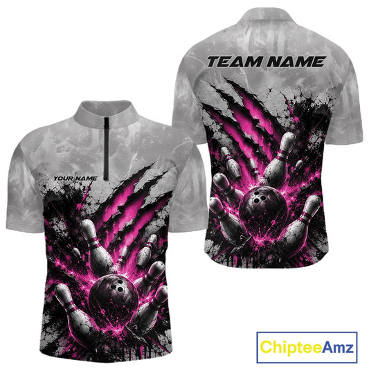 Front and back view of a men's bowling quarter zip shirt mockup featuring a dramatic pink bowling ball and pins graphic with claw-mark artwork on a gray shirt.