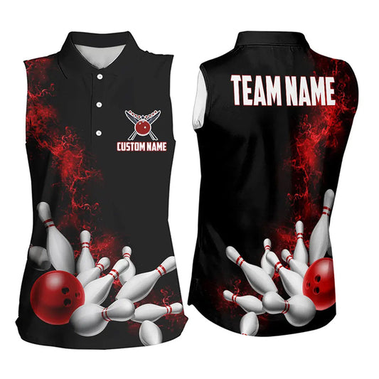 Custom Red Strike Bowling Women Sleeveless Polo Shirts Bowling Team Jerseys Bowling League Shirts IPHW5469