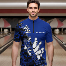Load image into Gallery viewer, Custom Blue Camo Strike Bowling Quarter-Zip Shirts For Men, Strike Team Bowling League Shirt Shirt IPHW8446