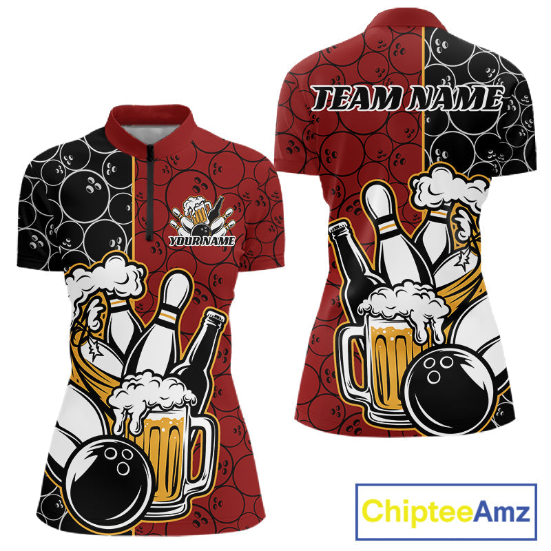 Custom Black And Red Retro Bowling Beer Team Shirts For Women, Bowling Pattern Jerseys IPHW10536