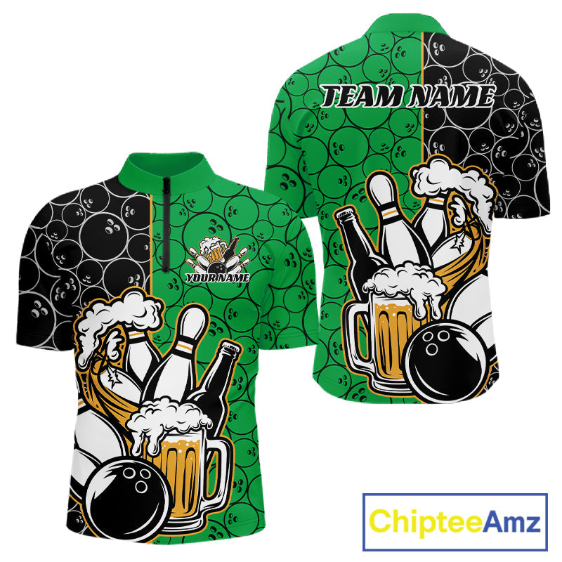 Custom Black And Green Retro Bowling Beer Team Shirts For Men, Bowling Pattern Jerseys IPHW10539