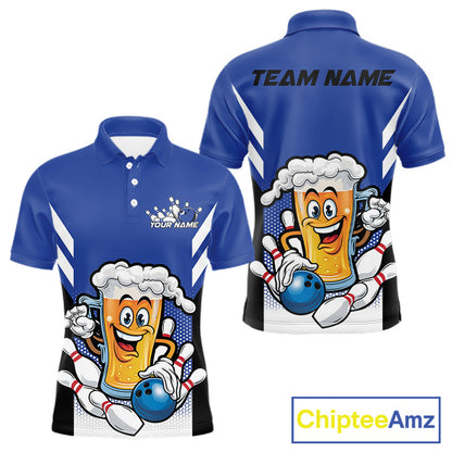 Custom Funny Blue Bowling Jerseys Bowling And Beer Men Polo Shirts, Bowling Jerseys IPHW10541