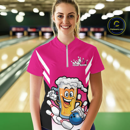 Custom Funny Pink Bowling Jerseys Bowling And Beer Women Shirts, Bowling Jerseys IPHW10542