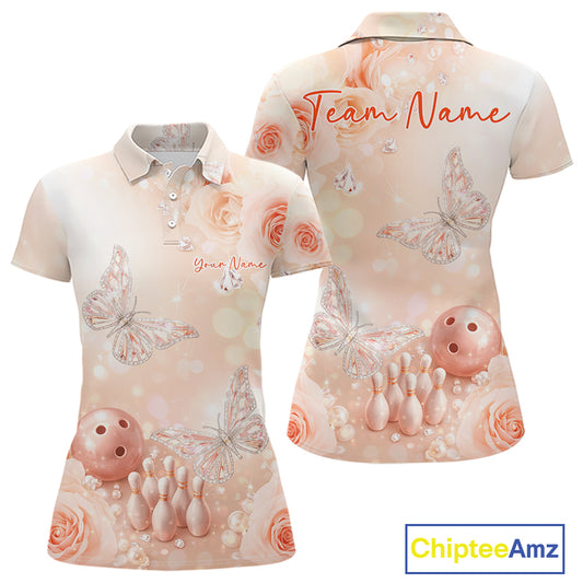 Front and back mockup of a women’s bowling polo shirt featuring pastel glitter butterflies above bowling pins and a bowling ball.