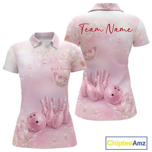 Front and back view of a women’s bowling polo shirt featuring pink glitter butterflies, diamonds, bowling pins, and a bowling ball design.