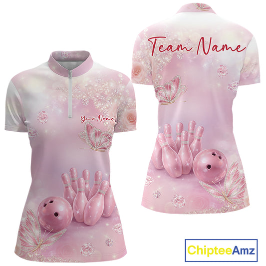 Front and back mockup of a women’s bowling quarter-zip shirt showcasing pink glitter butterflies, diamonds, bowling pins, and a bowling ball illustration.