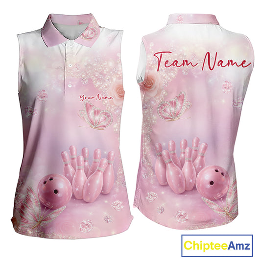 Women’s sleeveless bowling shirt shown from both sides with butterfly artwork, diamond details, bowling pins, and a bowling ball centerpiece.