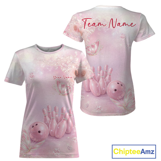 Women’s crewneck bowling shirt featuring pink glitter butterflies, diamond details, bowling pins, and a bowling ball, shown in front and back view.