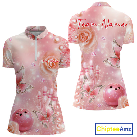 Front and back display of a women’s bowling quarter-zip shirt featuring pink glitter butterfly artwork, diamonds, bowling pins, and bowling ball graphics.