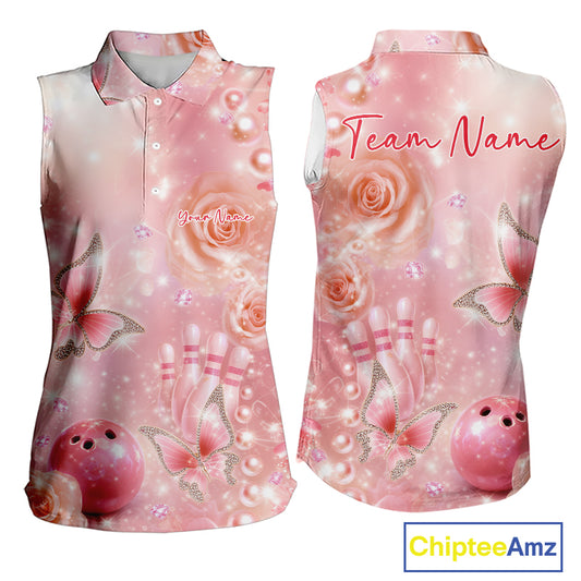 Front and back mockup of a women’s sleeveless bowling shirt adorned with pink glitter butterflies, sparkling diamonds, bowling pins, and a bowling ball.