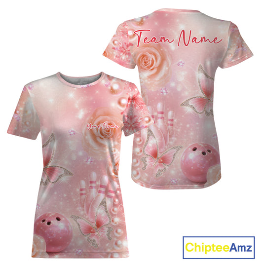 Front and back mockup of a women’s crewneck bowling T-shirt adorned with pink glitter butterfly motifs, diamonds, bowling pins, and a bowling ball.