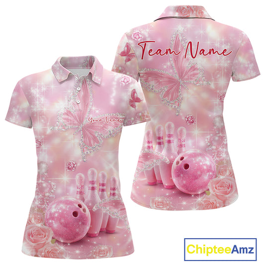 Front and back display of a women’s bowling polo shirt showcasing pink glitter butterflies, diamonds, bowling pins, and bowling ball graphics.