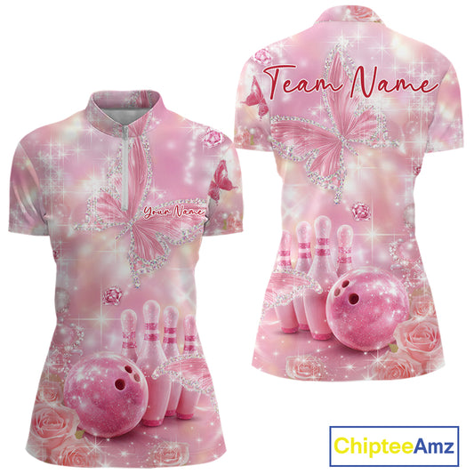 Women’s bowling quarter-zip shirt displayed front and back with pink glitter butterflies, diamonds, bowling pins, and a bowling ball centerpiece.