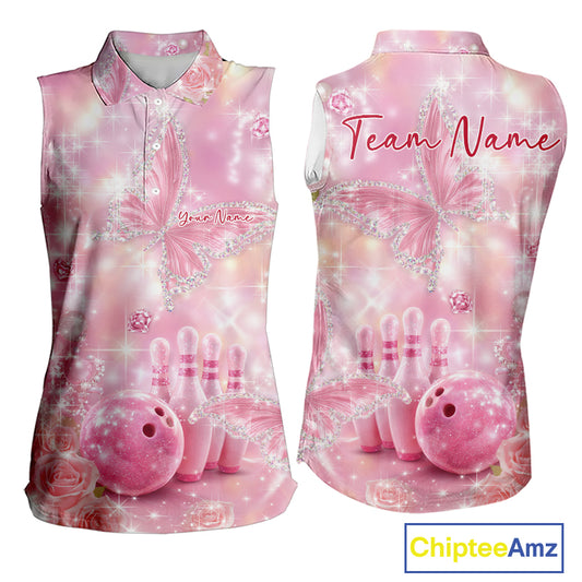 Women’s sleeveless bowling shirt displayed from front and back showcasing pink glitter butterflies, diamonds, bowling pins, and bowling graphics.