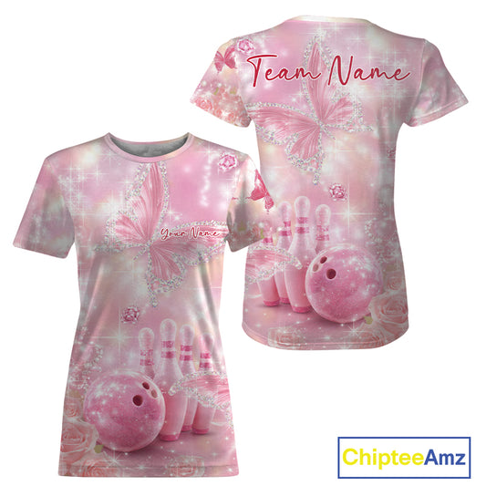 Women’s crewneck bowling shirt shown from both sides with pink glitter butterflies, sparkling diamonds, bowling pins, and bowling ball artwork.