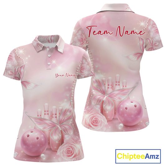 Front and back view of a women’s bowling polo shirt decorated with sparkling butterflies, diamond details, bowling pins, and a bowling ball illustration.