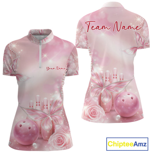 Front and back mockup of a women’s bowling quarter-zip shirt decorated with pink glitter butterflies, sparkling diamonds, bowling pins, and a bowling ball.
