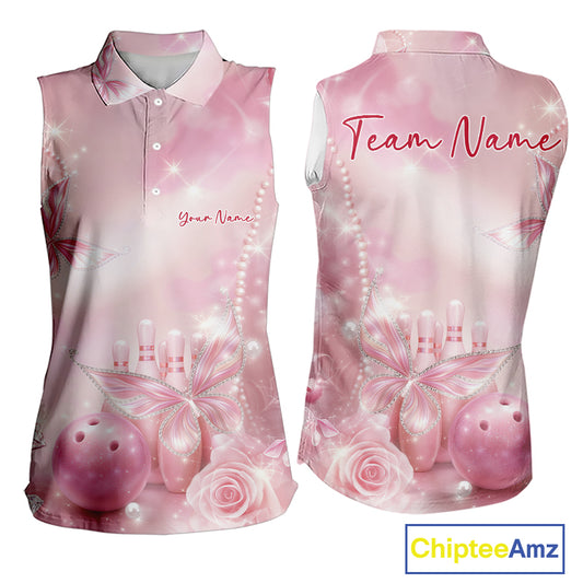 Front and back view of a women’s sleeveless bowling shirt with glitter butterfly motifs, diamond accents, bowling pins, and a bowling ball.