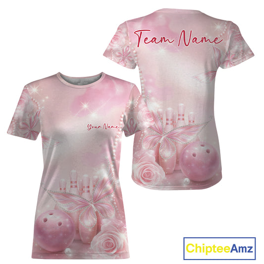 Front and back display of a women’s crewneck bowling T-shirt featuring glitter butterfly graphics, diamond accents, bowling pins, and a bowling ball.