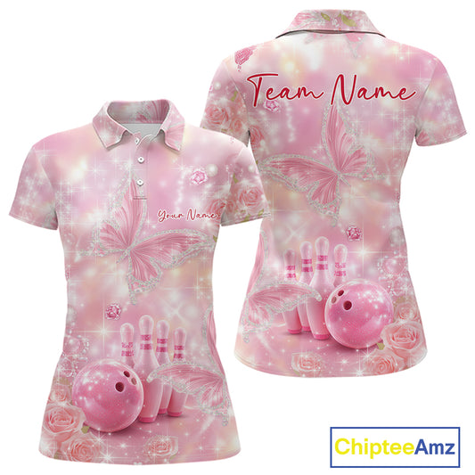 Front and back mockup of a women’s bowling polo shirt featuring pink glitter butterflies, diamonds, bowling pins, and a bowling ball motif.