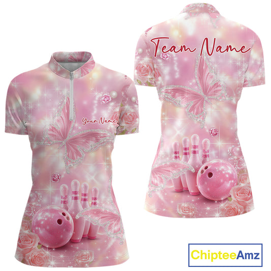 Front and back view of a women’s bowling quarter-zip shirt featuring pink glitter butterflies, diamonds, bowling pins, and a bowling ball motif.