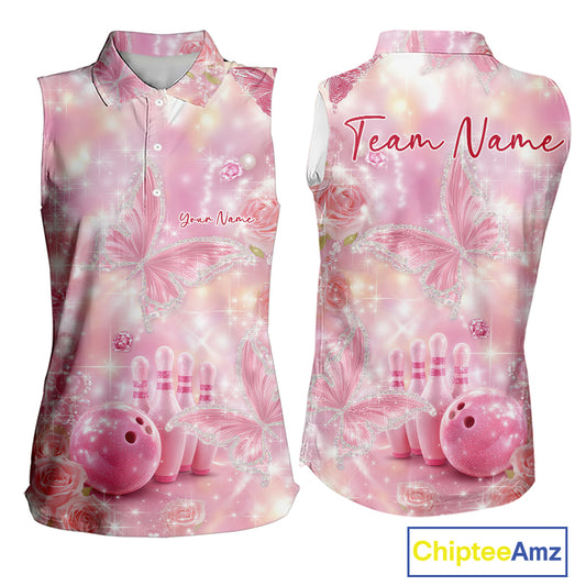 Women’s sleeveless bowling shirt featuring pink glitter butterflies, diamonds, bowling pins, and a bowling ball, shown in front and back view.