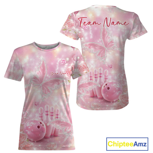 Women’s crewneck bowling shirt mockup with front and back views, showcasing pink glitter butterflies, diamonds, bowling pins, and a bowling ball.