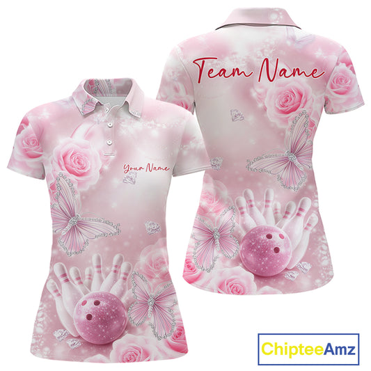 Front and back display of a women’s bowling polo shirt featuring pink glitter butterfly motifs, roses, bowling pins, and a bowling ball centerpiece.
