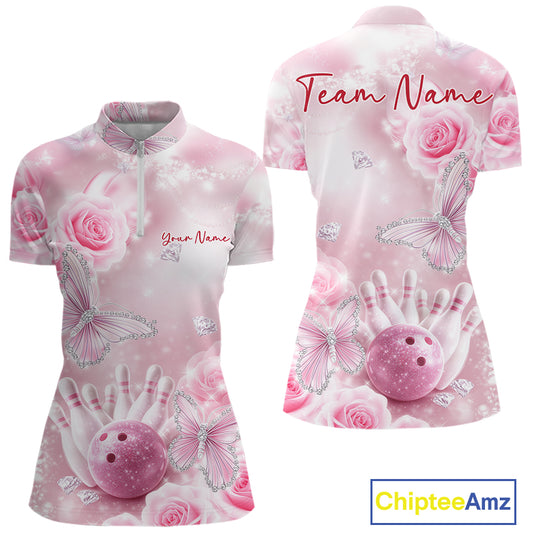 Front and back mockup of a women’s bowling quarter-zip shirt adorned with pink glitter butterflies, roses, bowling pins, and a bowling ball design.