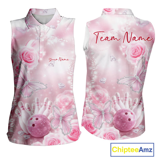 Front and back mockup of a women’s sleeveless bowling shirt decorated with glitter butterflies, roses, bowling pins, and bowling-themed artwork.