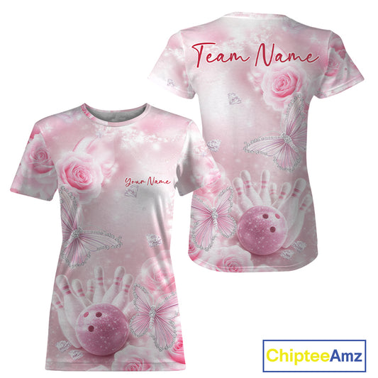 Front and back view of a women’s crewneck bowling T-shirt featuring pink glitter butterfly accents, roses, bowling pins, and a bowling ball design.