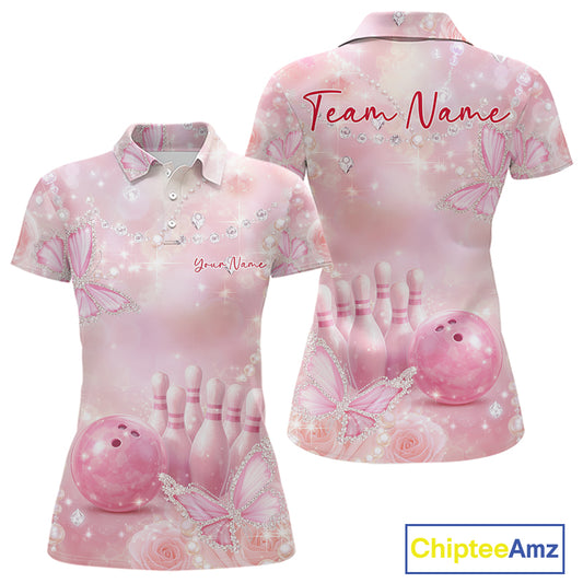 Front and back view of a women’s bowling polo shirt decorated with pink glitter butterflies, roses, bowling pins, and bowling-themed artwork.