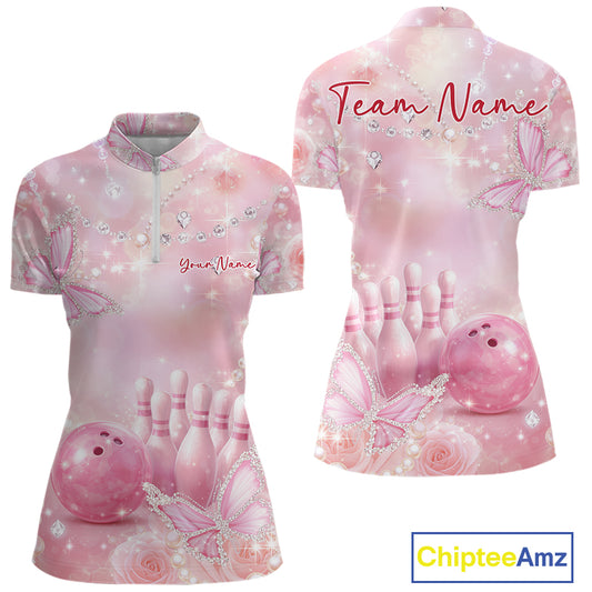 Front and back display of a women’s bowling quarter-zip shirt showcasing pink glitter butterfly graphics, roses, bowling pins, and a bowling ball centerpiece.