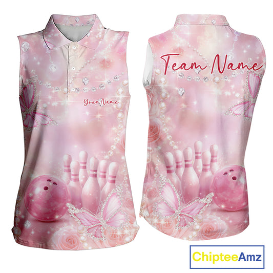 Women’s sleeveless bowling shirt shown from both sides with pink glitter butterflies, floral rose accents, bowling pins, and a bowling ball.