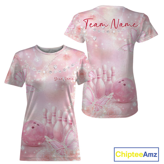 Women’s crewneck bowling shirt displayed from front and back with glitter butterfly artwork, roses, bowling pins, and a bowling ball centerpiece.