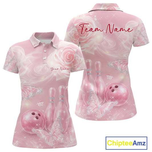 Front and back mockup of a women’s bowling polo shirt showcasing pink glitter butterflies, roses, bowling pins, and a bowling ball motif.