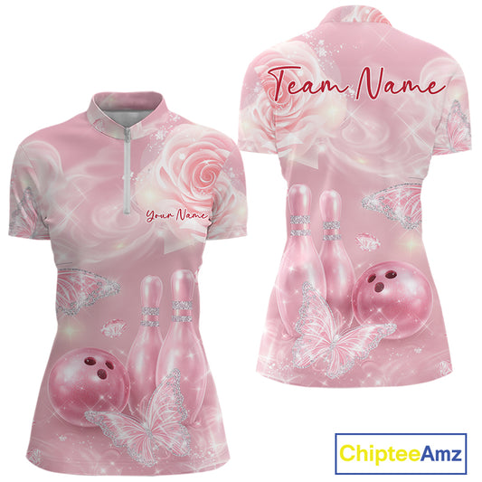 Women’s bowling quarter-zip mockup shown from front and back with sparkling pink butterflies, roses, bowling pins, and a bowling ball illustration.