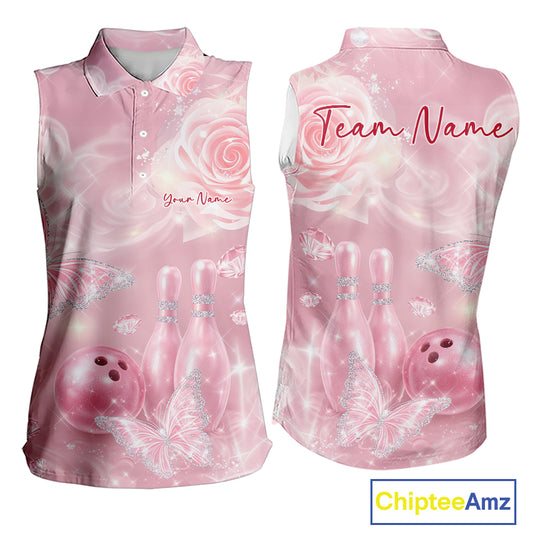 Front and back display of a women’s sleeveless bowling shirt featuring sparkling butterfly graphics, roses, bowling pins, and a bowling ball motif.