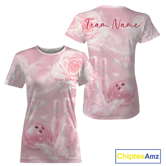 Front and back mockup of a women’s crewneck bowling T-shirt decorated with sparkling pink butterflies, roses, bowling pins, and bowling-themed graphics.