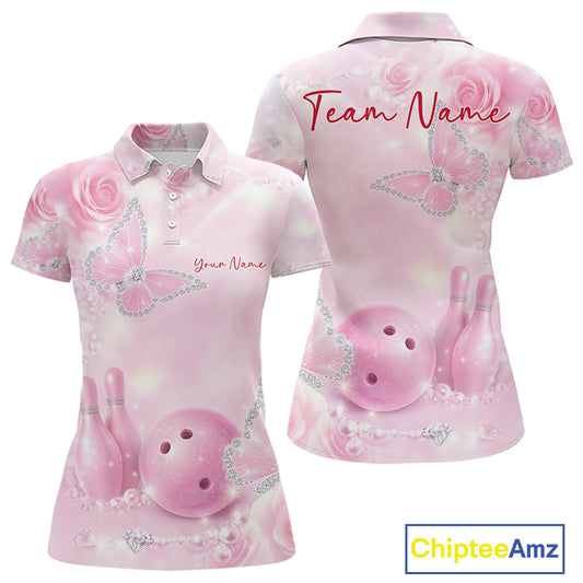 Front and back mockup of a women’s bowling polo shirt featuring pink glitter butterflies, roses, bowling pins, and a bowling ball motif.