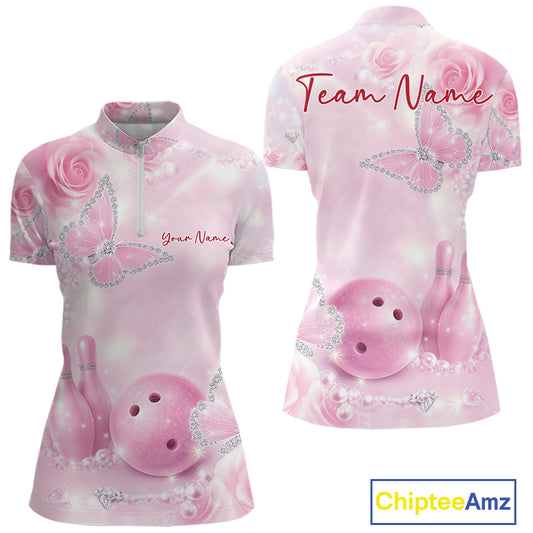 Front and back view of a women’s bowling quarter-zip shirt featuring pink glitter butterflies, roses, bowling pins, and a bowling ball motif.