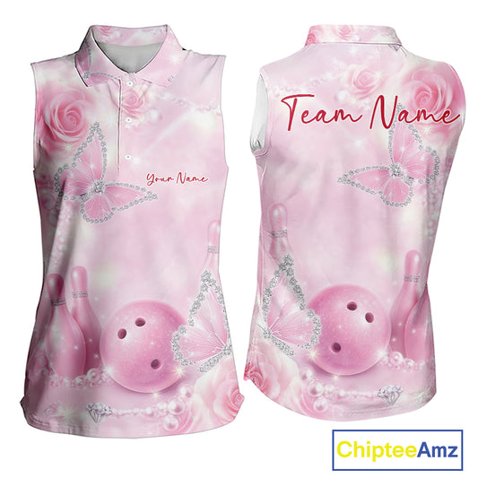 Women’s sleeveless bowling shirt mockup shown front and back with pink glitter butterflies, roses, bowling pins, and bowling ball artwork.