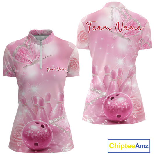 Front and back mockup of a women’s bowling quarter-zip shirt decorated with pink glitter butterflies surrounding bowling pins and a bowling ball.