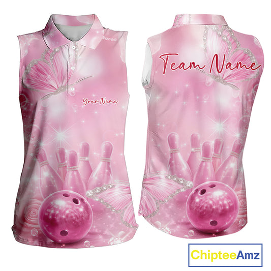 Front and back view of a women’s sleeveless bowling shirt featuring pink glitter butterflies surrounding bowling pins and a bowling ball.